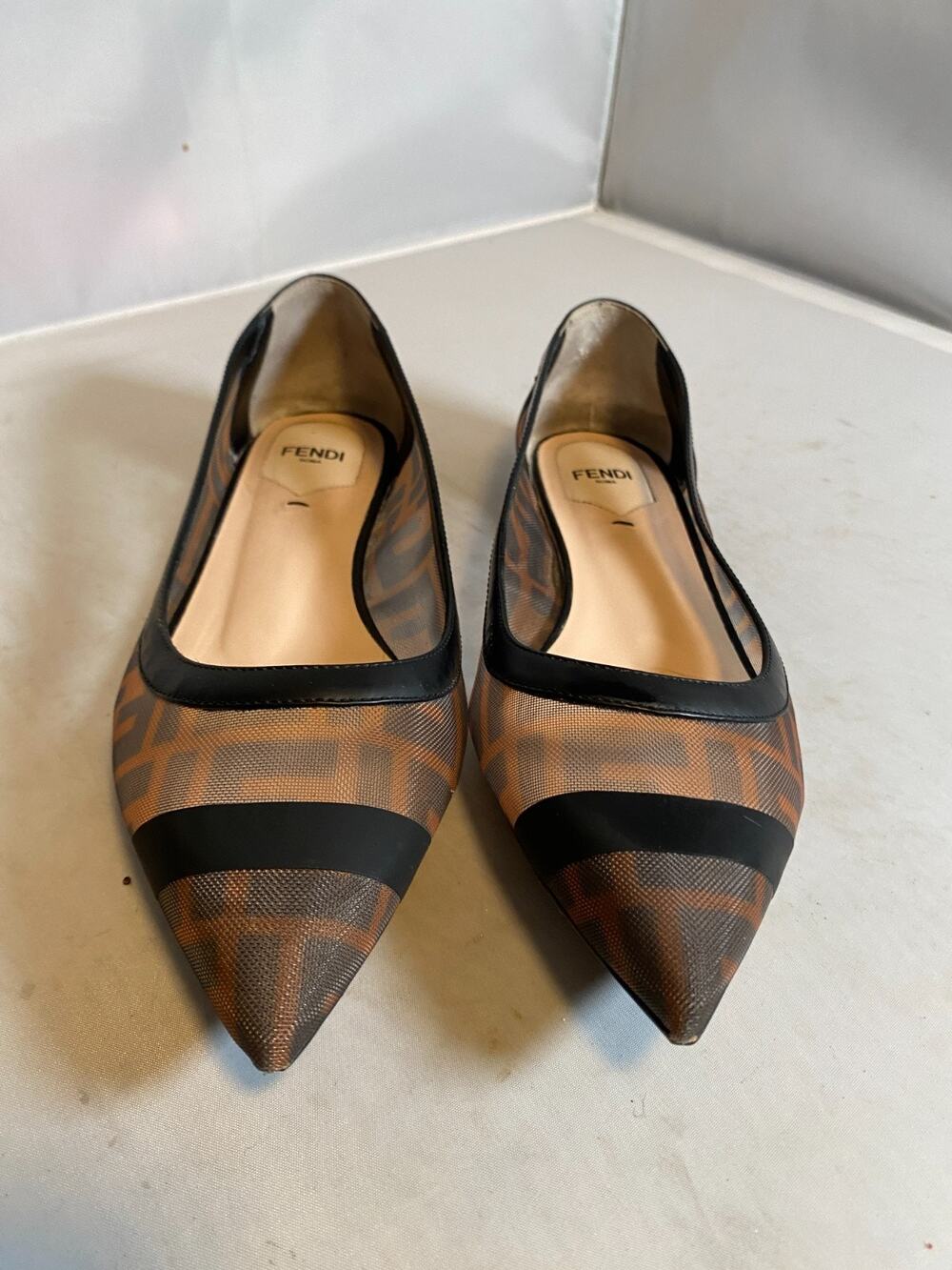Fendi Ws 36.5 Black and Brown Zucca FF Mesh Ballerina Flats Shoes